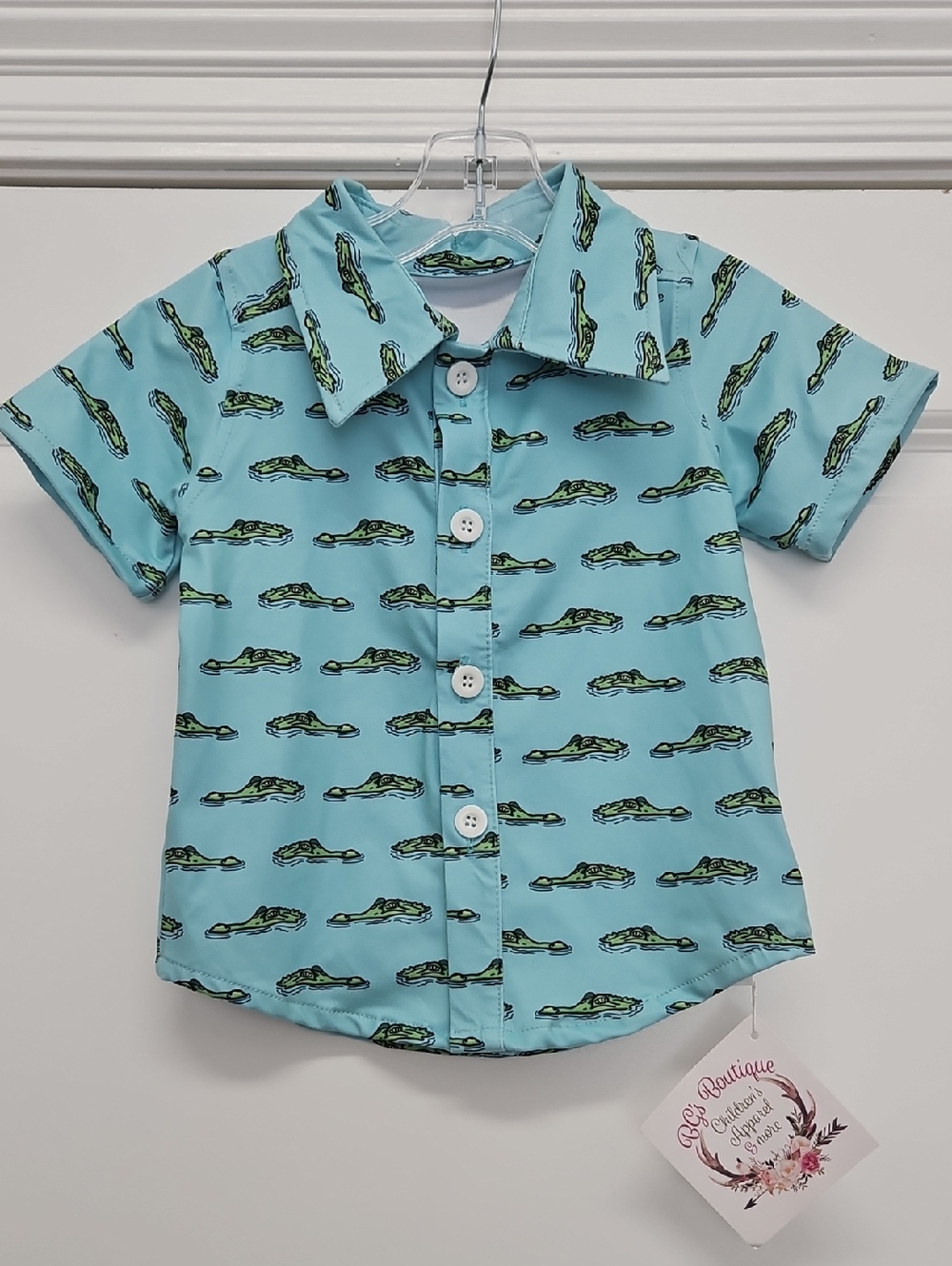 Boys Light Aqua Short-Sleeve Alligator Print Button-Down Shirt